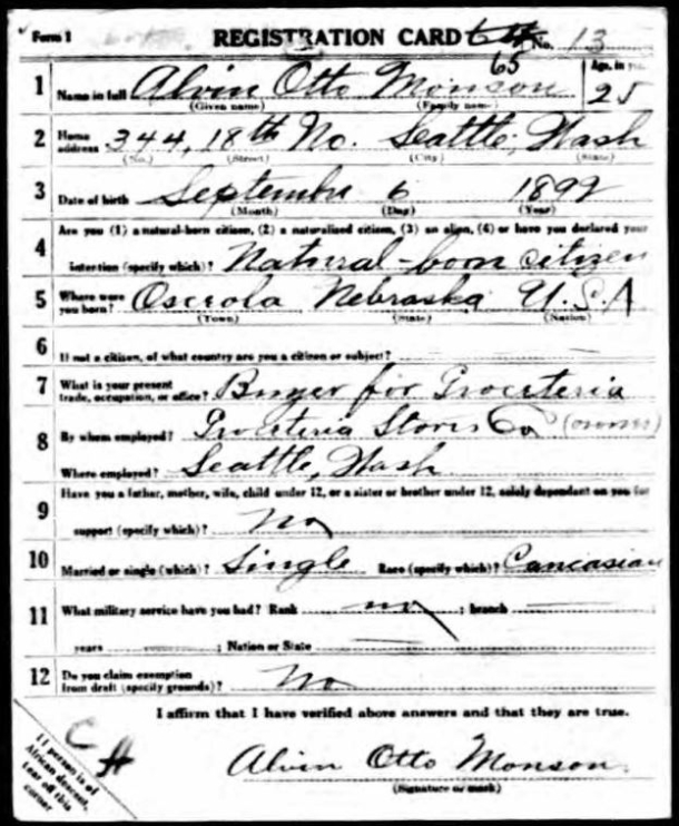 Draft card submitted by Alvin Monson in 1917 (National Archives)