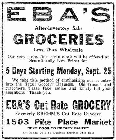 Earl Eba advertised acquisition of Brehm's (Sept 22, 1922 Seattle Times)