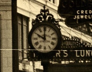 Zoom-in-on Hoeslich clock at 404 Pike Street