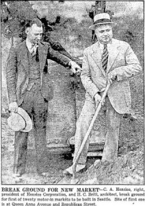 Californian developer C. A. Henslee and architect H. C. Britt at the Motor-In Market groundbreaking (June 17, 1930 Seattle Times)