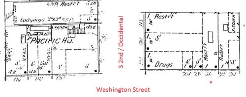 Map of Occidental (2nd Ave S until 1895) and Washington Street, Seattle. Asterisk is presumed location of Fred Trump's The Dairy Restaurant at 208 Washington