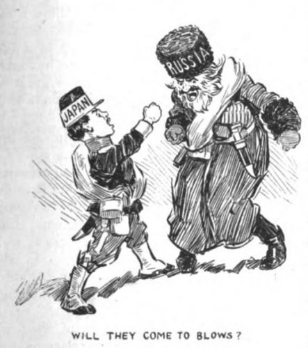 Japan and Russia fight in editorial cartoon from 1904