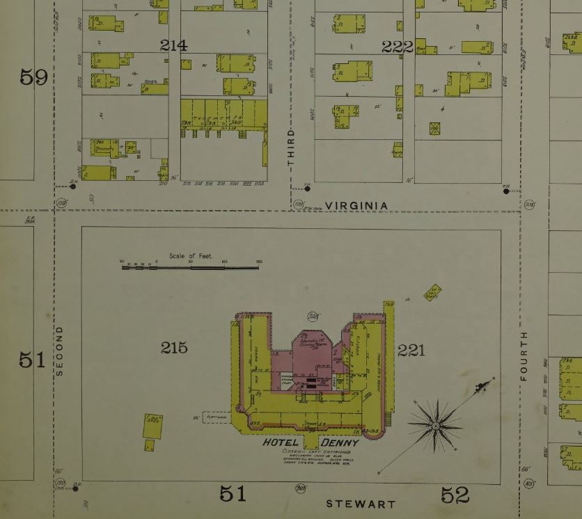 Denny Hotel as shown in 1893 Sanborn fire insurance map of Seattle.