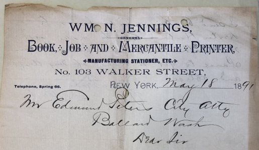 Letterhead from William Jennings in New York to the city attorney of Ballard. William is the only of the Jennings Brothers that seems to have not visited Seattle.