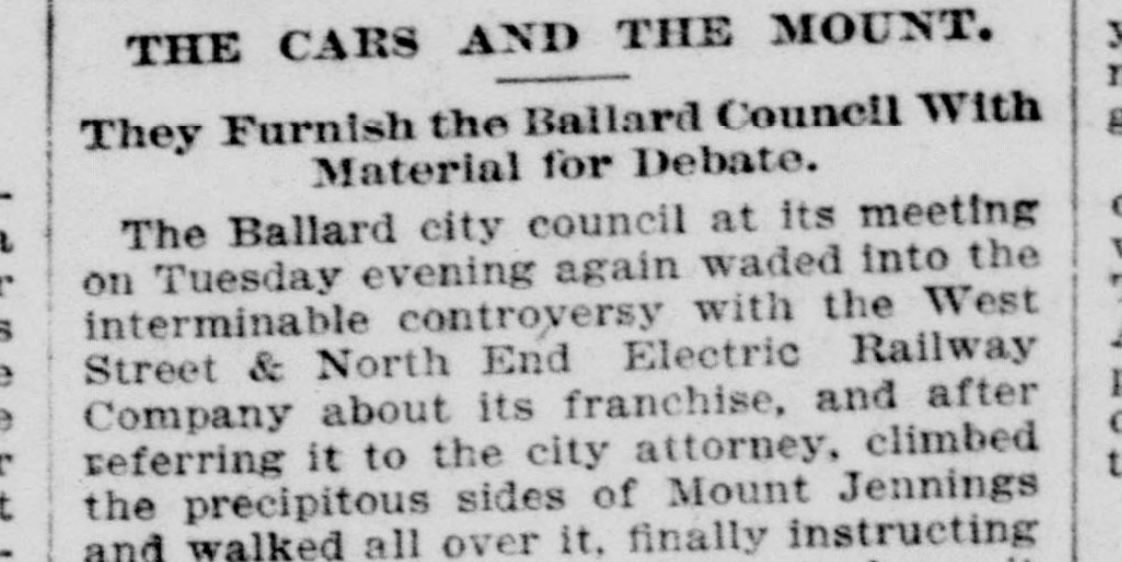 Ballard city council meets to discuss spite mound Mount Jennings in 1895