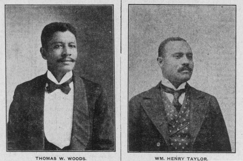Employees of the Rainier-Grand Hotel. Two photographs of men in suits with ties. One is captioned "Thomas W. Woods". The other is captioned "Wm. Henry Taylor." Both are Black men.