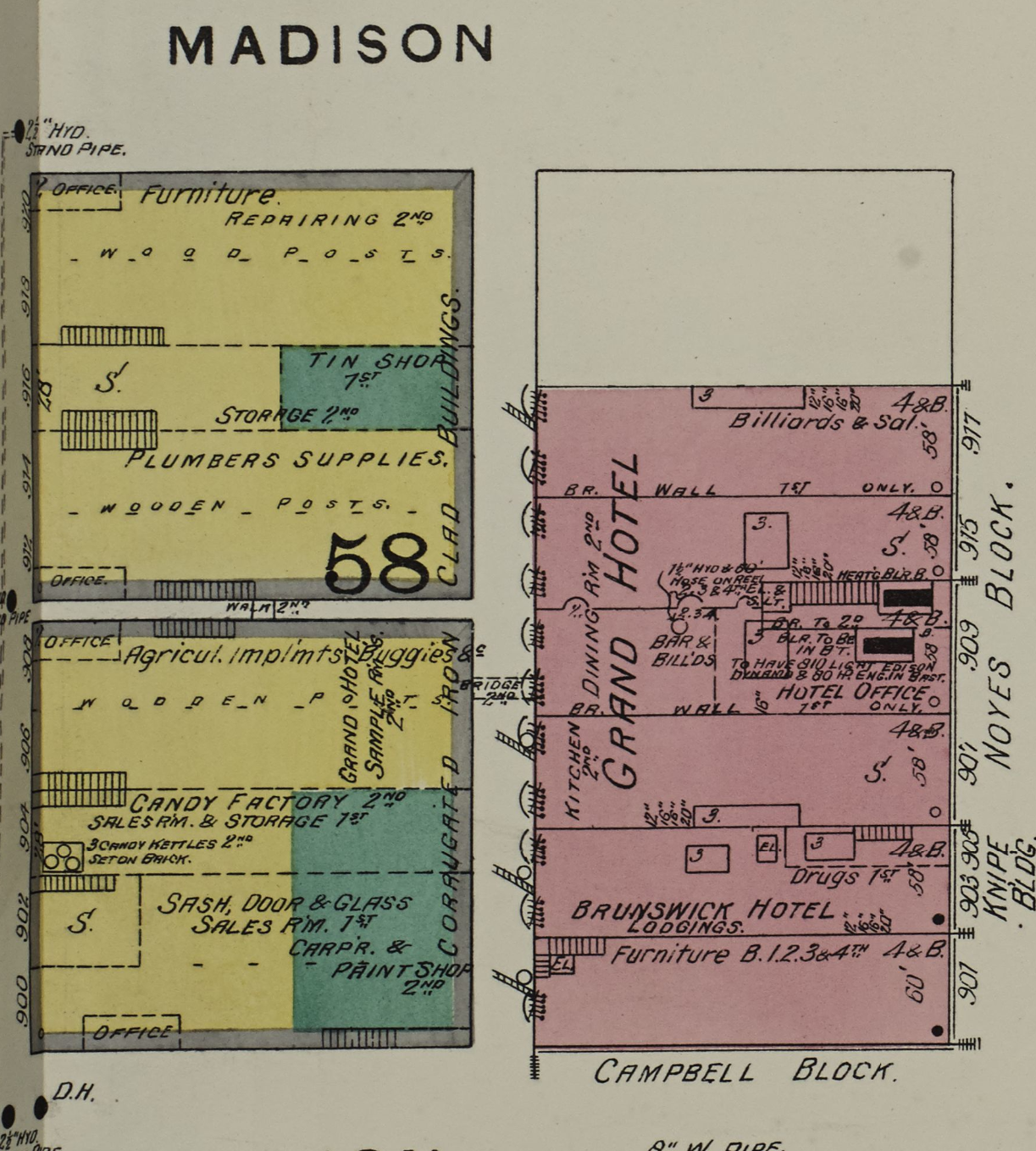 A map showing the block bounded by Marion, Madison, Western, and First. The Grand Hotel takes up most of the east side of the block.