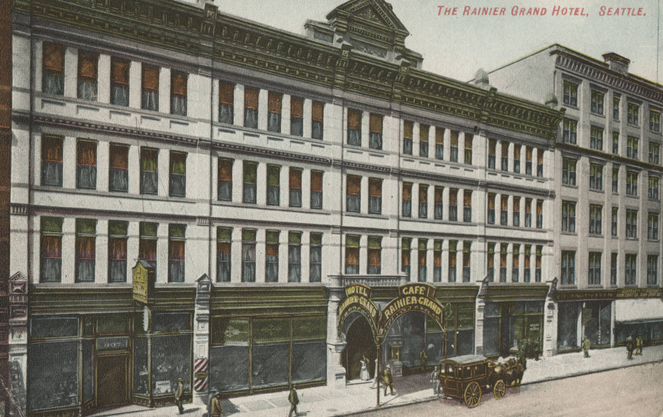 Postcard of the Rainier-Grand Hotel, colorized. A horse and buggy are outside the main entrance with awning saying "Café Rainier Grand".