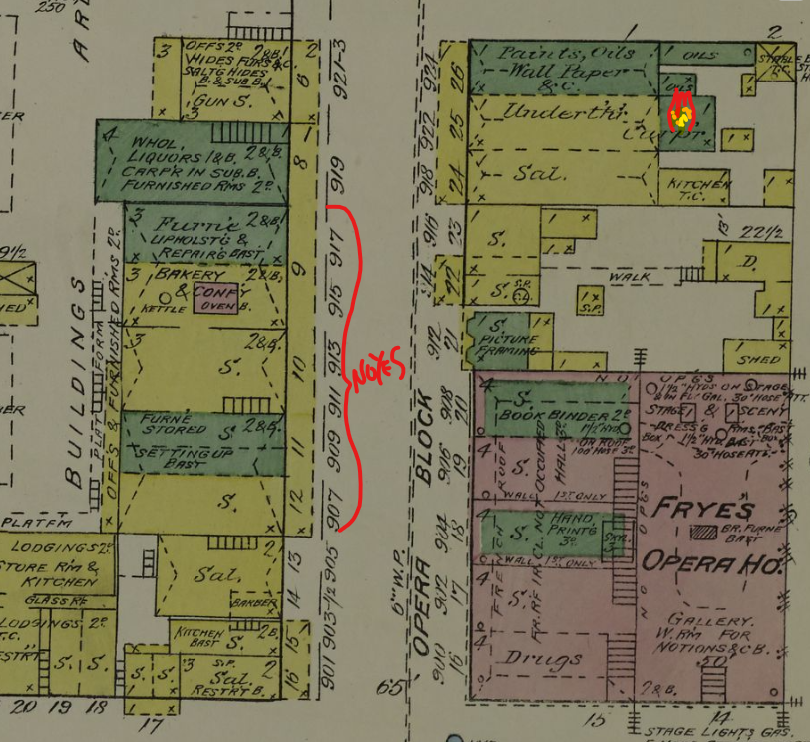 A map showing First Avenue between Marion and Madison, both sides of the street. The pre-fire Noyes Building is on the west side. The south end of the east side is Frye's Opera House. The north end has a back space marked "Carp'r" with the a fire symbol drawn on it.
