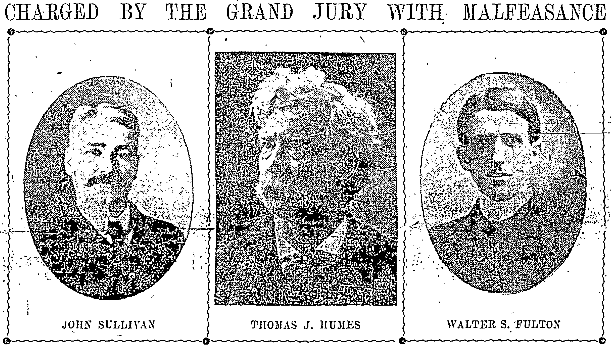 Newspaper clipping from the Seattle P-I showing photographs of John Sullivan, Thomas J. Humes, and Walter S. Fulton. Above them is written "Charged by the Grand Jury with Malfeasance. All are white.