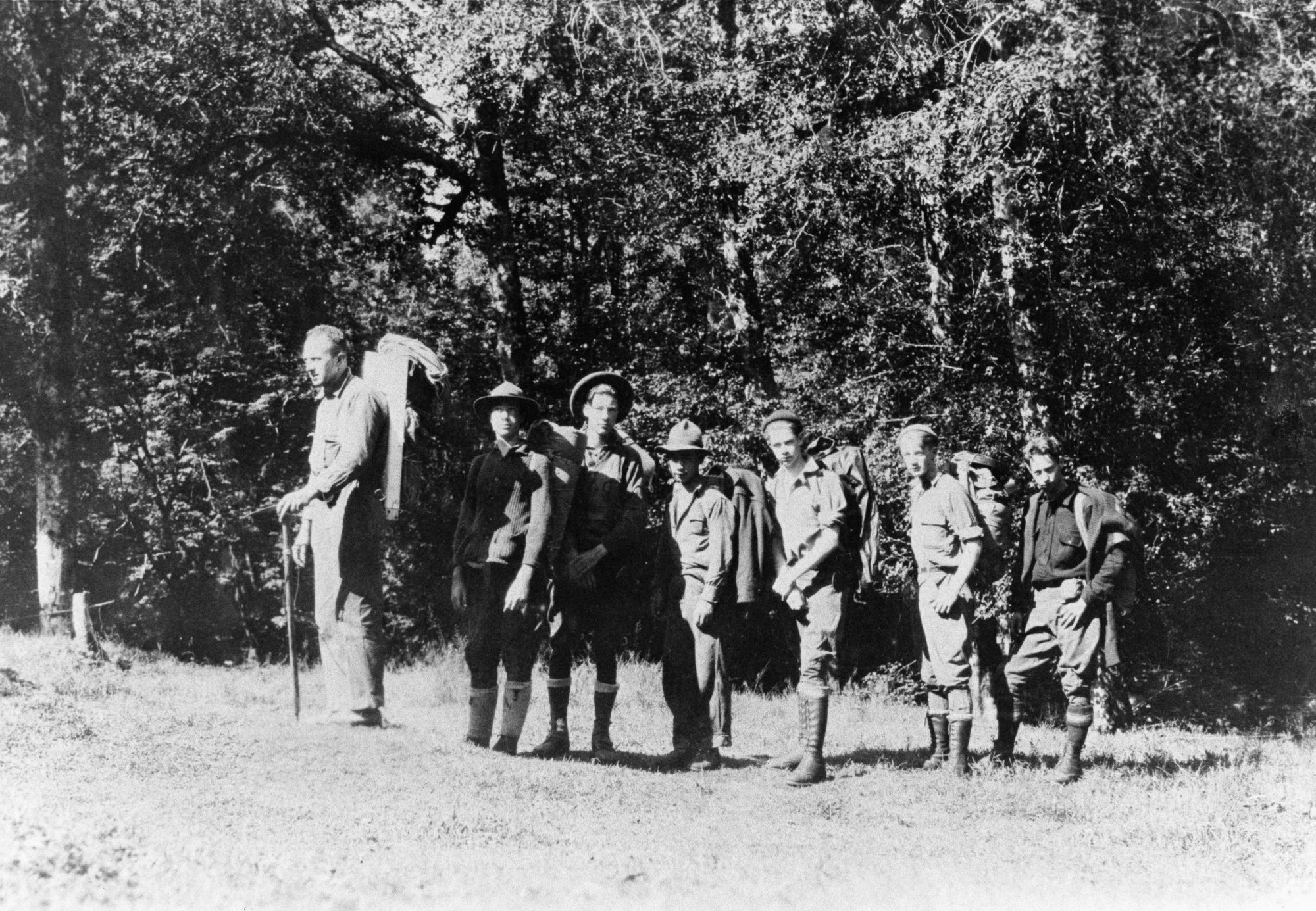 George Nakashima and group of Scouts on hike with leader