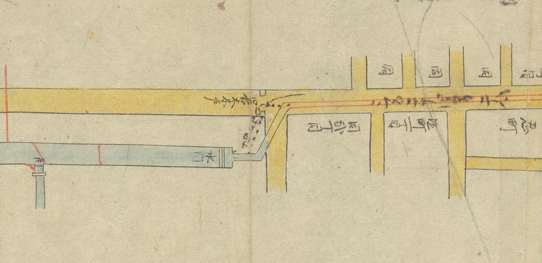 Historic waterworks map showing the end of the Tamagawa aqueduct at Okido. Early Meiji era map (ca 1870s) from Bureau of Waterworks.
